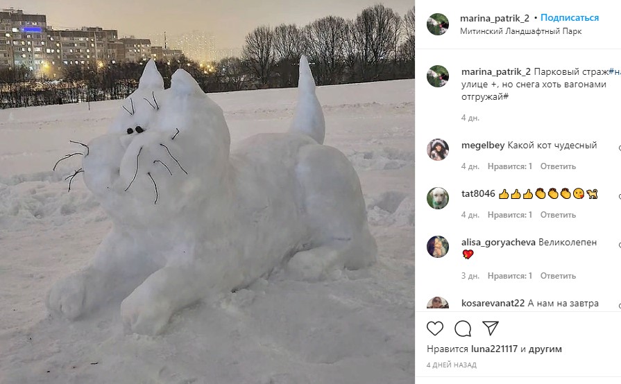 Фото дня: снежный кот поселился в ландшафтном парке
